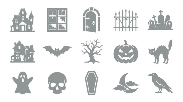 Halloween icons set including haunted house, bat, tree, pumpkin, ghost, skull, coffin, moon, and crow for spooky holiday designs.