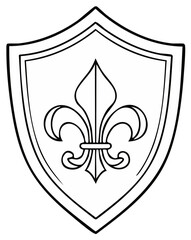 Fototapeta premium Heraldic shield with fleur-de-lis emblem, line drawing of heraldic symbol.