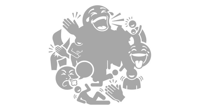 A circular design featuring various grey icons depicting people laughing, clapping, and expressing joy and amusement on a white background.