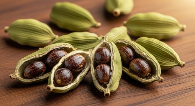 Close-up of fresh green cardamom pods with seeds on wooden surface