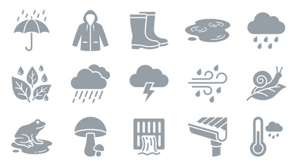 Set of gray monochrome icons depicting various elements associated with rainy weather and autumn season. © yuanita