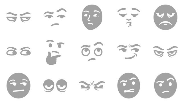 Set of various grey emoji faces and expressions on a white background, including angry, thoughtful, and confused emotions.
