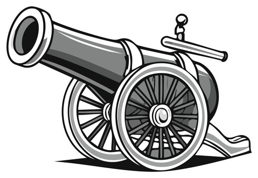 Vintage Cannon with Large Wheels and Firing Mechanism Illustration