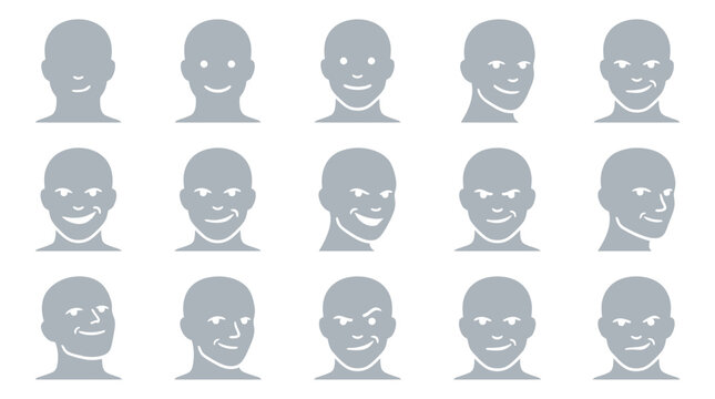 Set of human face icons showing various emotions and expressions, isolated on white background.