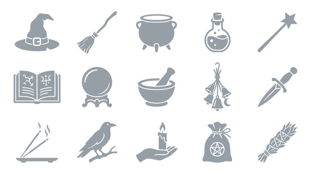 Set of mystical witchcraft and magic icons, including a witch hat, broom, cauldron, potion, and spellbook.