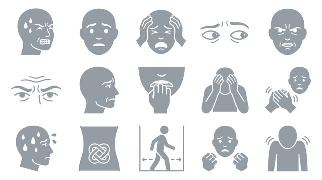 Set of icons representing various human emotions and states of mind such as fear, anxiety, stress, and panic.