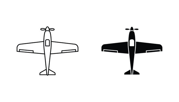 Small propeller plane icon set in top view outline and solid black for aviation and transport branding
