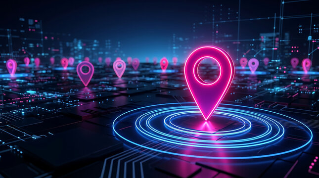 Futuristic navigation map glowing location marker digital interface neon circle virtual city technology background blue light pink light navigation icon location pin futuristic map digital city