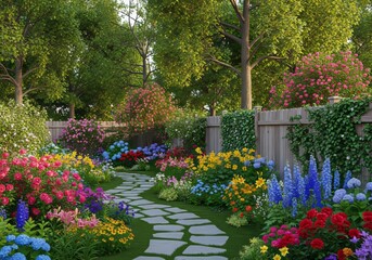 Obraz premium A serene wide shot of a lush backyard garden featuring winding stone paths, vibrant flower beds, a rustic wooden fence, and tall leafy trees, shrubs, trees, floral