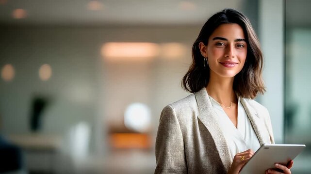 Female diversity. Human rights, equal opportunity concept. A portrait of a woman in a modern office setting, captured in a side profile. She wears a white blouse and a textured beige blazer.