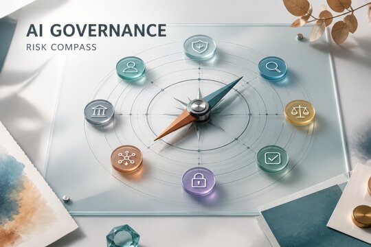 AI governance risk compass with compliance and security icons