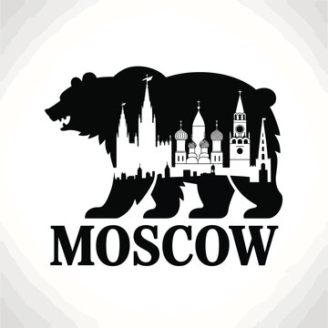 Bear silhouette with cityscape of Moscow black and white