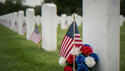 Rows of white marble headstones in a military cemetery decorated with small American flags and red, white, and blue artificial roses for Memorial Day remembrance.