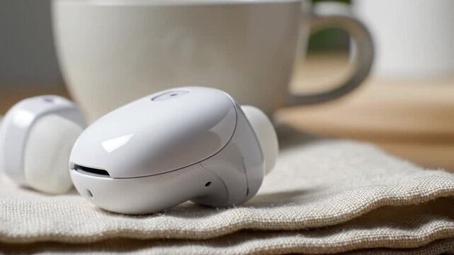 White Wireless Earbuds Resting On Textured Fabric Beside Coffee Mug In Minimalist Interior