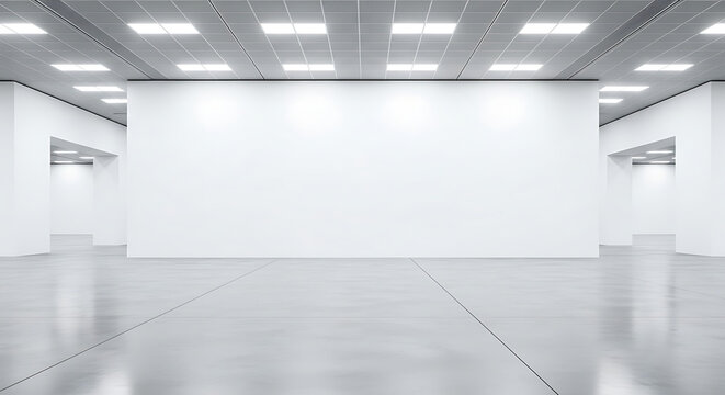 Modern minimalist empty art gallery interior with white walls and bright overhead lighting minimalist interior exhibition architecture background showcase spotlight contemporary displays