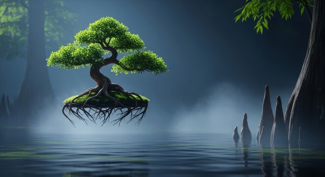 A miniature bonsai tree with gnarled roots and green leaves hovers magically above dark, murky swamp water surrounded by mist and cypress, moss, ethereal, swampy