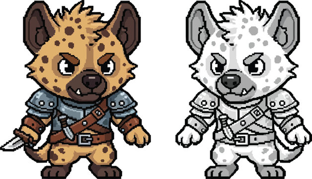 Two cartoon hyena characters, one in color and one in grayscale, both depicted as fierce warriors in armor holding daggers, suitable for a fantasy game.