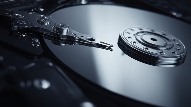 Internal components of a modern high-capacity hard disk drive showing intricate metallic read/write arm and spinning platter reflecting ambient light in dark setting