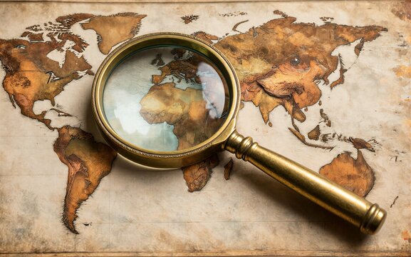 Vintage map with magnifying glass symbolizing exploration and
