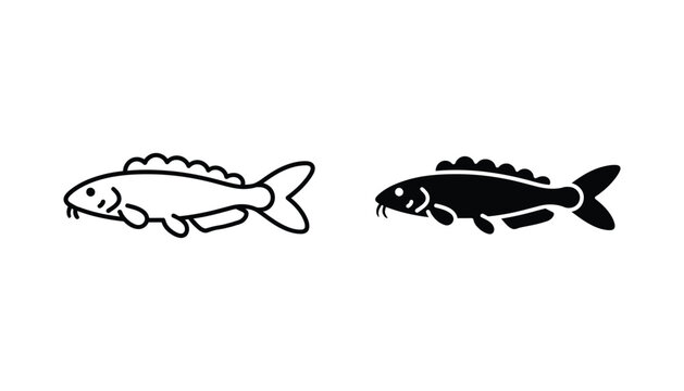 Set of carp fish vector icons in outline and solid black style for aquatic wildlife and fishing design projects