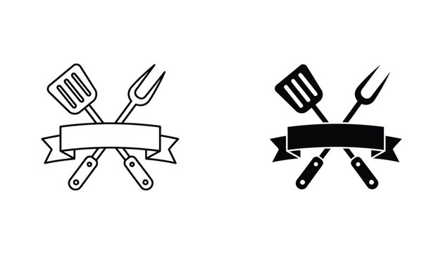 Crossed spatula and tongs over ribbon banner icon set for barbecue and cooking awards or restaurant branding