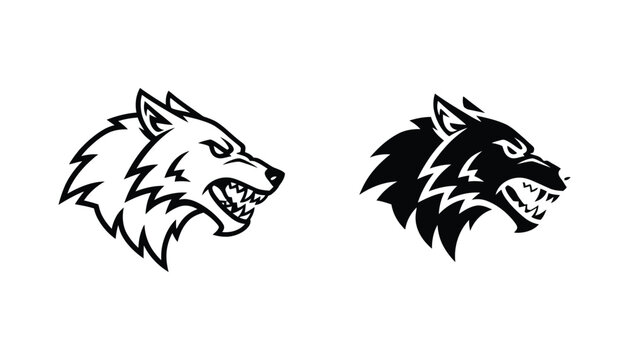 Fierce wolf head mascot logo in black and white vector art with sharp teeth and aggressive expression for sports branding