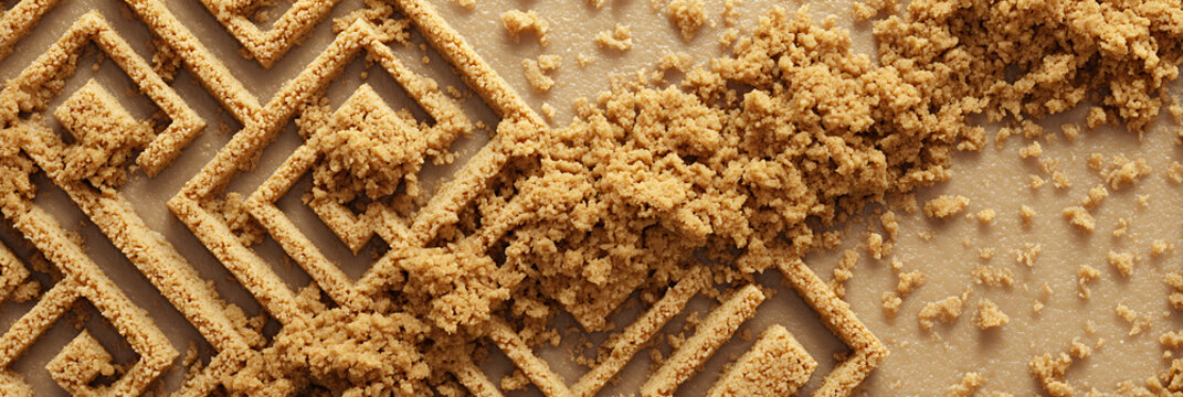 Labyrinth pattern crafted from brown sugar crumble with geometric lines and scattered textures on neutral surface symbolizing complex culinary strategy and creative food design