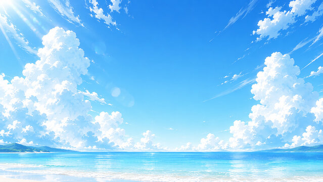 Beautiful Summer Beach with Blue Sky and Dramatic Clouds,青空と入道雲が広がる夏の海辺のアニメ背景イラスト