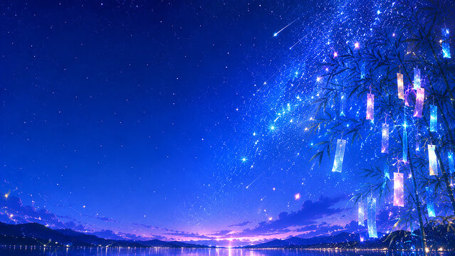 Fantasy Tanabata Night Sky with Milky Way and Paper Wishes,七夕飾りと天の川が輝く幻想的な夏の夜空背景