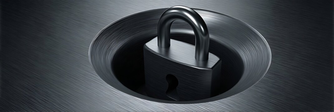 Padlock in circular metallic indentation on brushed steel surface symbolizing cybersecurity data protection and digital privacy for modern business information systems