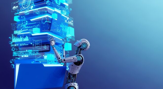 A sleek metallic android struggles to lift a massive glowing stack of blue folders and data elements, symbolizing high office task volume, project, tech, effort