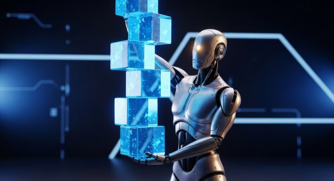 A sleek metallic humanoid robot struggles to balance a precariously high stack of glowing blue holographic cubes in a dark tech environment, dark, illustration, binary