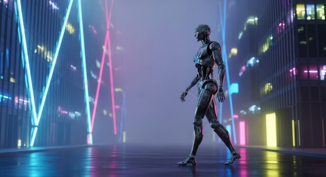 A metallic bipedal robot paces cautiously along a mist-covered metropolitan avenue, surrounded by tall buildings and dim ambient lighting, moving, buildings, dusk