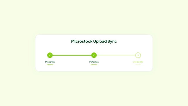 Green lime theme progress bar for microstock upload synchronization showing metadata and live site status
