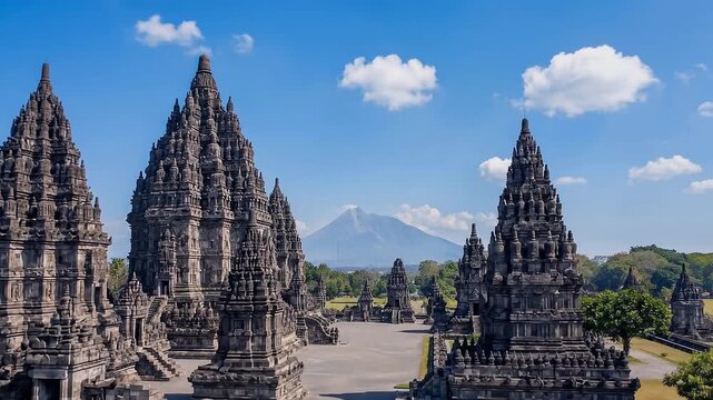 Prambanan temple complex with Mount Merapi volcano in background
