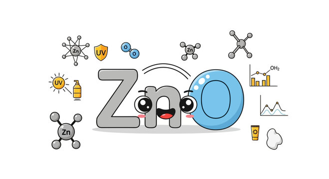 ZnO cartoon characters with scientific icons and UV protection symbols