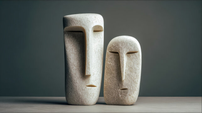 Artistic stone sculptures featuring abstract minimalist human faces with elongated features displayed on a neutral background for modern decor inspiration