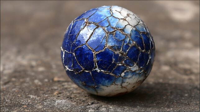 Cobalt blue cracked glass marble displaying intricate crazing patterns and weathered texture resting on a textured stone surface with a soft blurred background for artistic macro photography