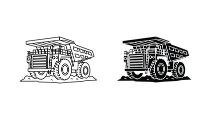 Heavy duty mining dump truck silhouette and line art vector illustration for construction industry © Visual