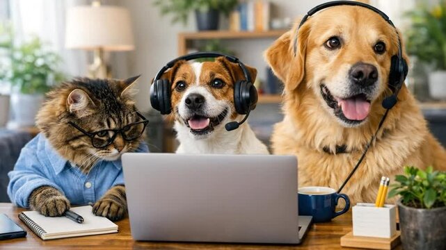 Funny Pets Working From Home Office with Laptop and Headsets Concept