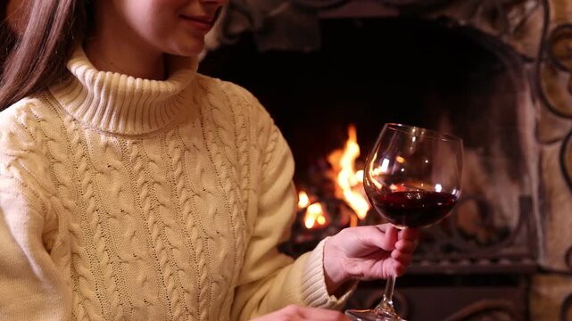 Woman with glass of red wine near fireplace at home, closeup
