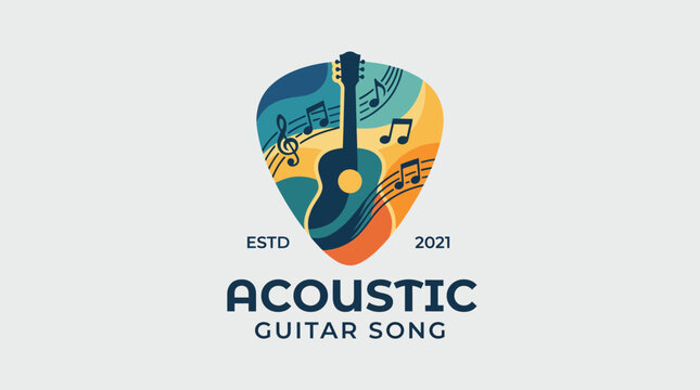 This vibrant logo design features a guitar pick with musical notes and an acoustic guitar, representing the essence of music and creativity, ideal for a music-related brand or event.