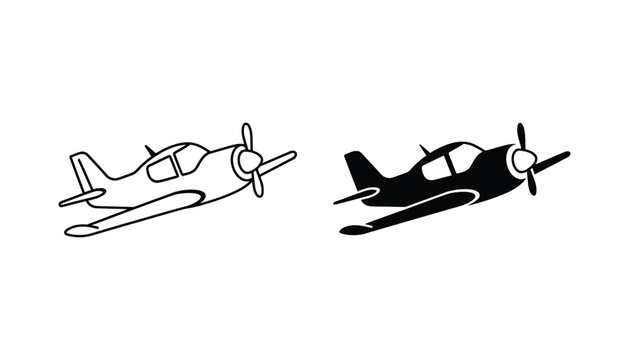 Small private airplane icon set in linear and solid black vector style for aviation and flight travel concept design isolated on white background