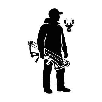 Hunter carrying bow and deer trophy silhouette