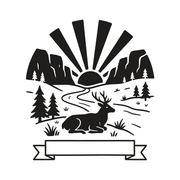 Deer hunting camp badge with lake sunrise scene