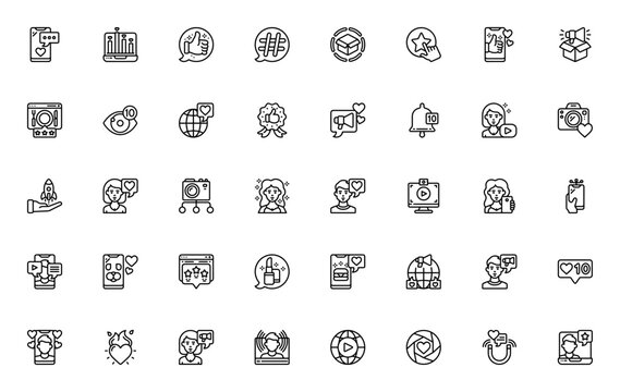 Influencer icons set. Social media vector pack. Minimalist symbols for comments, analytics, hashtag, marketing, video, selfie, likes and more.