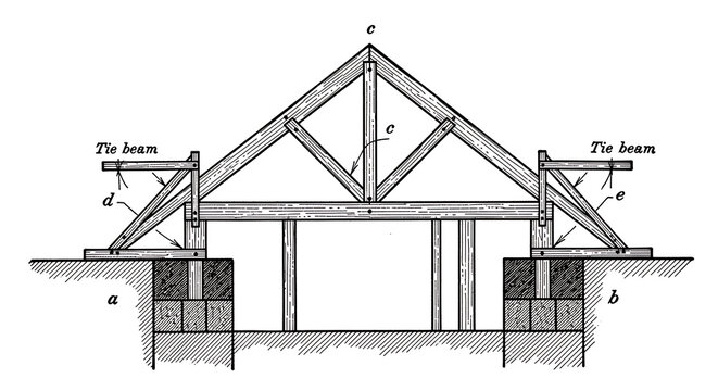 Technical drawing of a wooden king post roof truss structure with architecture engineering construction blueprint structural technical building framework carpentry