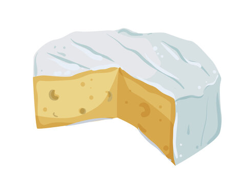 Cartoon vector illustration of a camembert cheese wedge with white rind isolated on a white background for dairy food design.