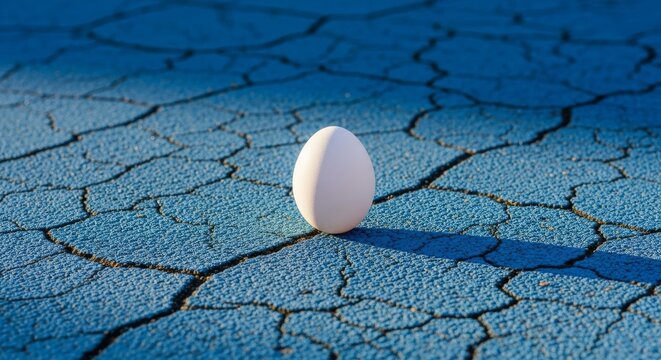 A pristine white chicken egg sits on a weathered, blue rubber playground floor, featuring deep cracks and gritty textures under the low sun, egg, weathered, urban
