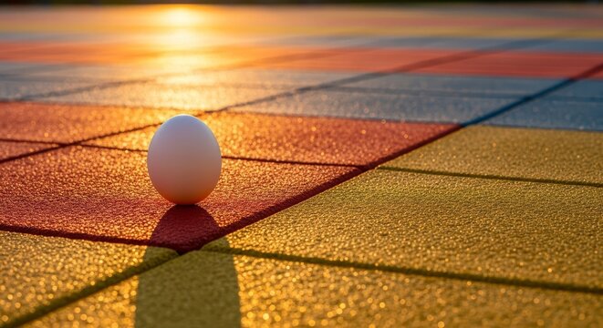 A solitary white egg rests on a textured playground surface during sunset, casting a dramatic long shadow across the colorful rubber tiles, sunset, play, concept
